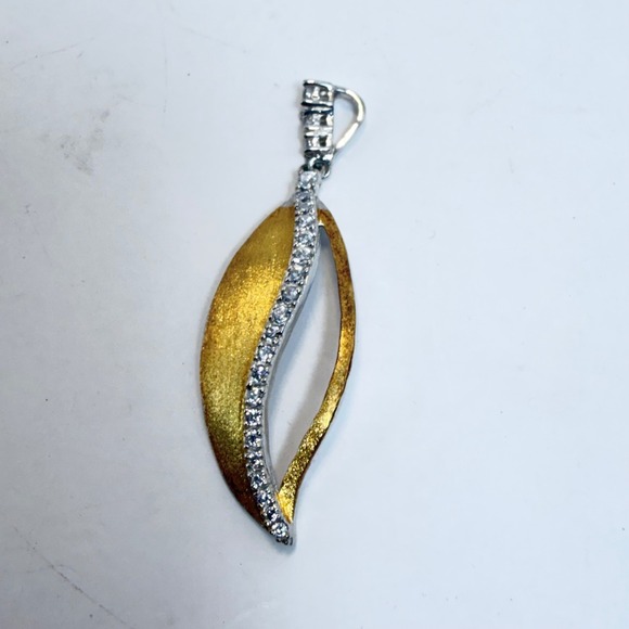 Jewelry - 925 Sterling Silver Two Tone Gold Leaf Pendant Cubic Zirconia Marquise 1.5 Inch